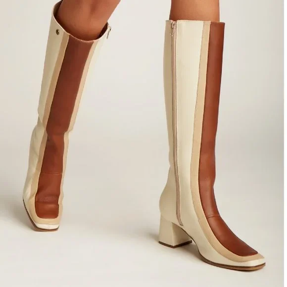 70s Revival Leather Colorblock Knee-High Heeled Boots - Picture 9 of 15